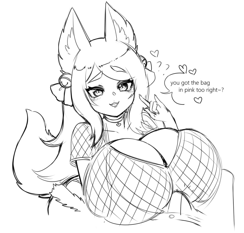 &lt;3 animal_humanoid big_breasts breasts bulge cakecatboy canid canid_humanoid canine canine_humanoid cinnamon_(cakecatboy) cleavage clothed clothing dialogue erection erection_under_clothing female fox_humanoid hi_res huge_breasts humanoid looking_at_viewer mammal mammal_humanoid monochrome question_mark simple_background smile solo speech_bubble tail text