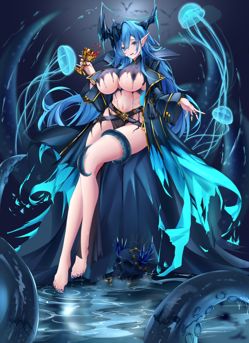 1girl azur_lane barefoot blue_eyes blue_hair breasts coat feet full_body highres horns iue_(artist) large_breasts legs long_hair looking_at_viewer mary_celeste_(azur_lane) nail_polish navel pointy_ears revealing_clothes solo stomach tentacles toenail_polish toenails toes torn_clothes underboob