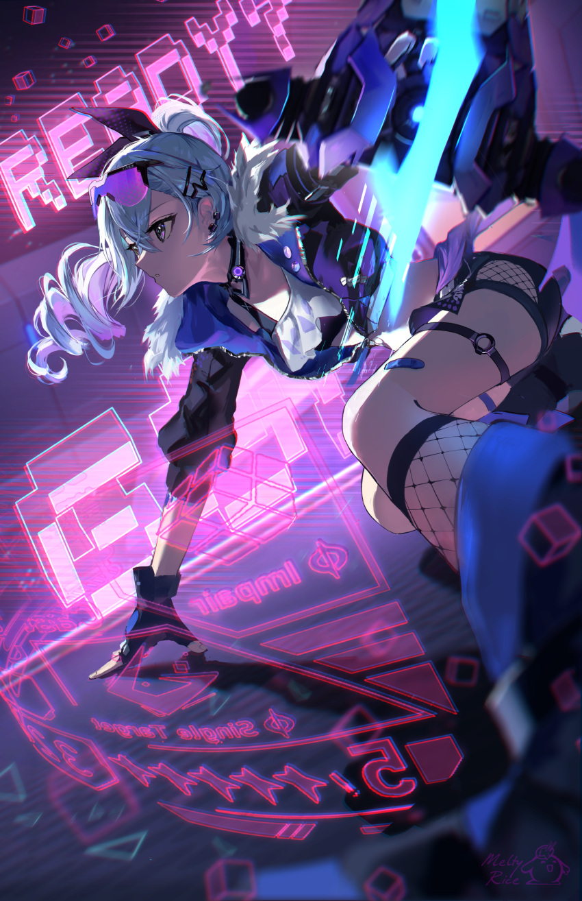 1girl absurdres black_shorts blue_hair crossed_bangs drill_ponytail eyewear_on_head fingerless_gloves fishnet_socks fishnets fur-trimmed_jacket fur_trim gloves grey_eyes highres holographic_interface honkai:_star_rail honkai_(series) jacket light_blue_hair meltyrice purple-tinted_eyewear shorts silver_wolf_(honkai:_star_rail) socks solo tinted_eyewear