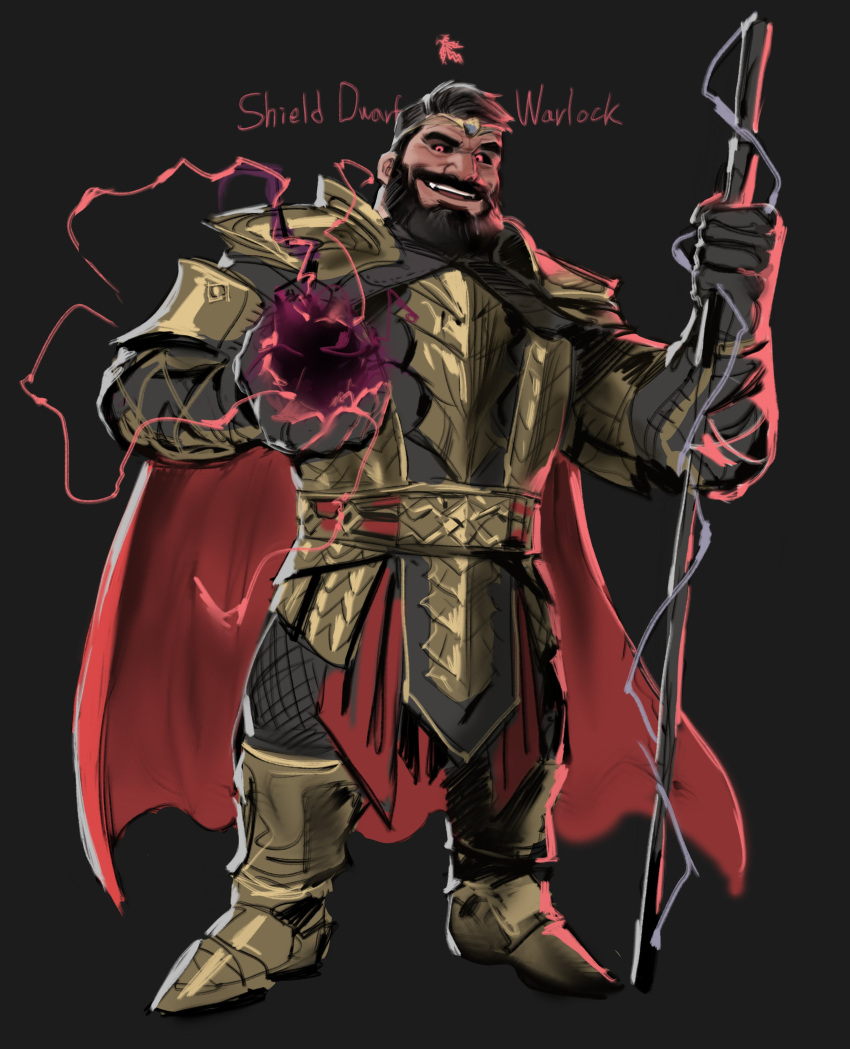 1boy absurdres baldur's_gate_3 bara beard black_sclera cape character_request colored_sclera dopey_(dopq) dwarf evil_smile facial_hair full_body gloves gold_armor highres looking_at_viewer male_focus mature_male muscular muscular_male original red_cape red_lightning short_hair smile solo standing thick_mustache tiara umbrakinesis