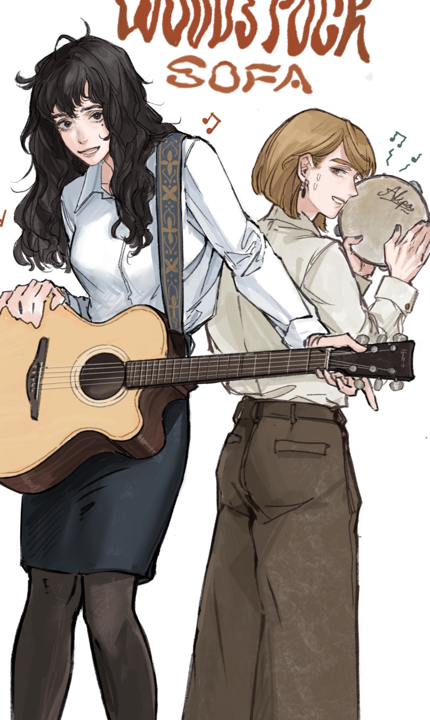 2girls absurdres belt black_eyes black_hair black_pantyhose blue_shirt blue_skirt brown_belt brown_eyes brown_hair brown_pants collarbone collared_shirt cowboy_shot deerwhisky dress_shirt guitar highres instrument long_hair long_sleeves looking_at_viewer looking_back lower_teeth_only messy_hair mole mole_under_eye multiple_girls open_mouth original pants pantyhose pencil_skirt shirt short_hair simple_background skirt sweatdrop teeth white_background white_shirt