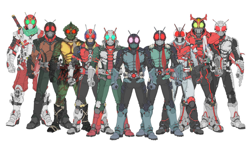 1boy 6+boys absurdres alternate_color antennae armlet armor armored_boots bandage_on_leg black_bodysuit black_footwear bodysuit boots breastplate chinese_commentary claws clenched_hands commentary_request dagger driver_(kamen_rider) full_body gauntlets glowing glowing_eyes green_armor green_eyes green_scarf grey_armor grey_footwear grey_scarf highres horns kamen_rider kamen_rider_(1st_series) kamen_rider_1 kamen_rider_2 kamen_rider_amazon kamen_rider_amazon_(series) kamen_rider_stronger kamen_rider_stronger_(series) kamen_rider_super-1 kamen_rider_super-1_(series) kamen_rider_v3 kamen_rider_v3_(series) kamen_rider_x kamen_rider_x_(series) kamen_rider_zx knee_pads knife lineup mask monster multiple_boys new_kamen_rider pants red_armor red_eyes red_horns red_mask red_pants red_scarf rider_belt riderman scarf shoulder_armor simple_background skyrider solo standing sword sword_on_back tokusatsu torn_clothes torn_scarf typhoon_(kamen_rider) v-fin weapon weapon_on_back white_armor white_background white_footwear wrist_chain xiangzi_box yellow_eyes