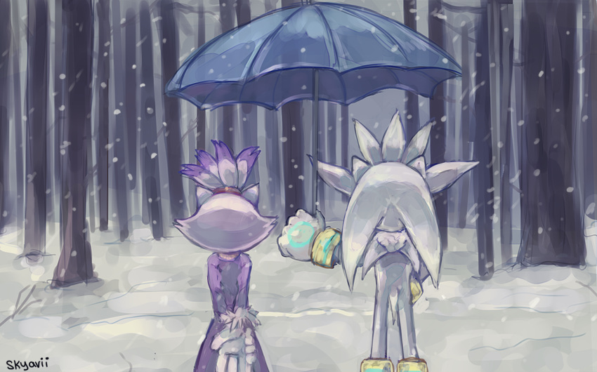 1boy 1girl animal_ears arms_behind_back artist_name back blaze_the_cat blue_umbrella couple full_body gloves holding holding_umbrella long_sleeves ponytail purple_hair silver_the_hedgehog skyavii_sonic snow snowing sonic_(series) standing tail tree umbrella white_gloves white_hair winter