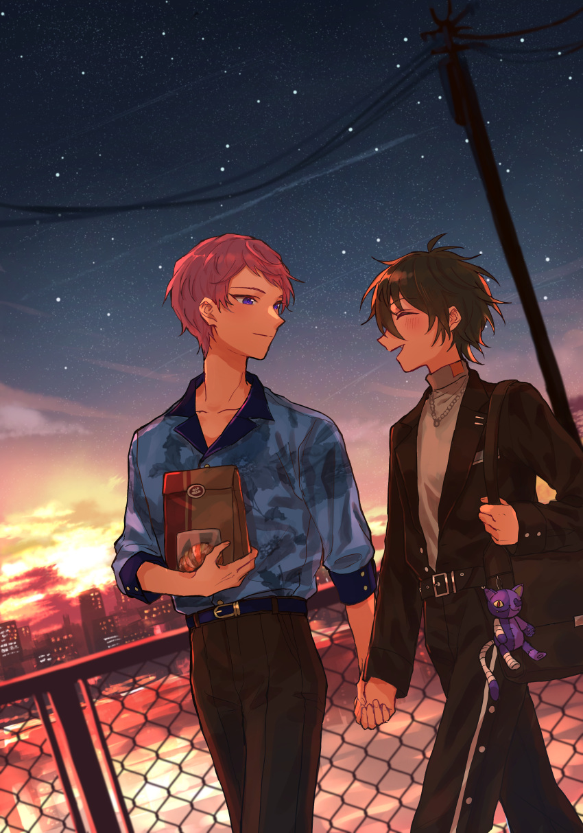 2boys absurdres bag belt black_pants cable chain-link_fence closed_eyes closed_mouth collared_shirt commentary_request dutch_angle ensemble_stars! fence green_hair highres holding holding_hands itsuki_shu jewelry kagehira_mika long_sleeves male_focus multiple_boys necklace night night_sky open_mouth outdoors pants pink_hair power_lines purple_eyes shirt short_hair sky star_(sky) starry_sky turtleneck utility_pole valkyrie_(ensemble_stars!) wednesday_108 yaoi