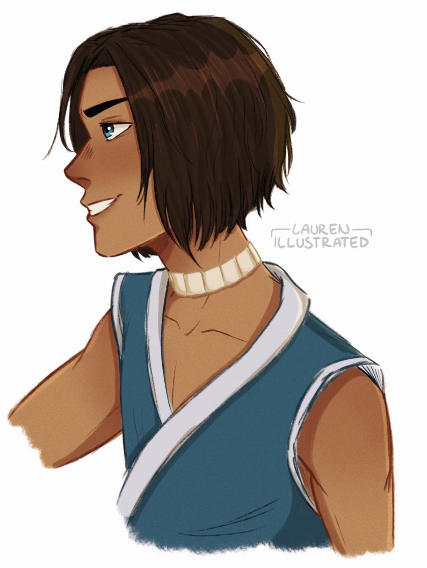 1boy artist_name avatar:_the_last_airbender avatar_legends blue_eyes brown_hair dark-skinned_male dark_skin from_side highres lauren_illustrated male_focus shirt sleeveless sleeveless_shirt smile sokka solo teeth white_background