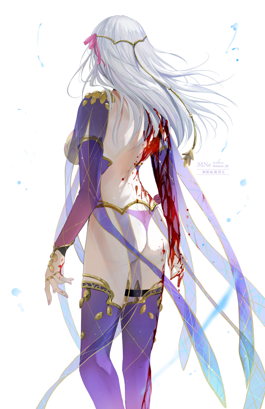 1girl absurdres armlet armor ass back backless_dress backless_outfit bikini_armor blood blood_on_arm blood_on_clothes blood_on_hands blood_on_leg blood_splatter blood_stain breasts circlet collar detached_sleeves dress fate/grand_order fate_(series) flower hair_ribbon highres jewelry kama_(fate) kama_(second_ascension)_(fate) large_breasts long_hair lotus minoe08 pelvic_curtain purple_dress purple_sleeves purple_thighhighs ribbon ring solo thighhighs thighlet