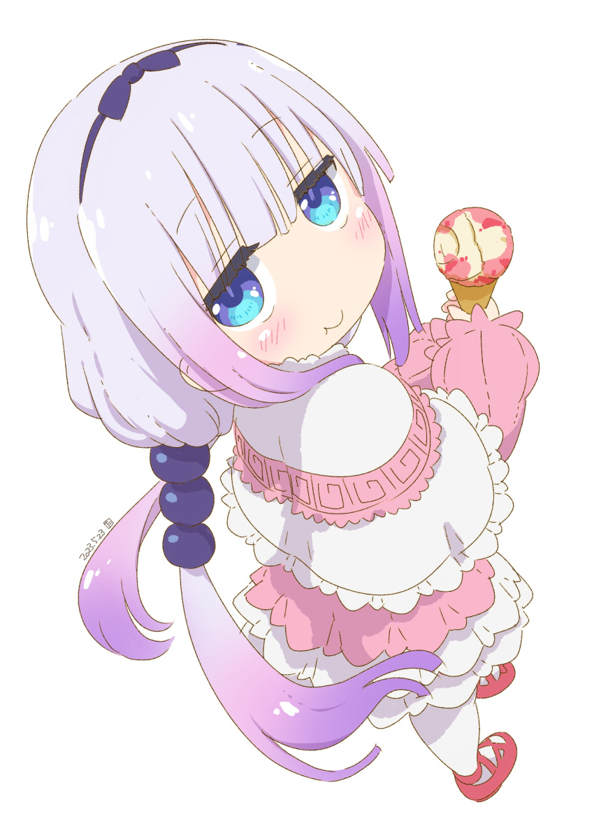 1girl beads black_hairband blue_eyes blunt_bangs capelet commentary_request cross-laced_footwear dated dress eating food food_in_mouth frilled_capelet frills from_above gradient_hair hair_beads hair_ornament hairband highres holding holding_food holding_ice_cream kanna_kamui kobayashi-san_chi_no_maidragon light_purple_hair long_hair looking_at_viewer low_twintails multicolored_hair red_footwear samansa_ex signature simple_background solo thighhighs twintails white_background white_thighhighs