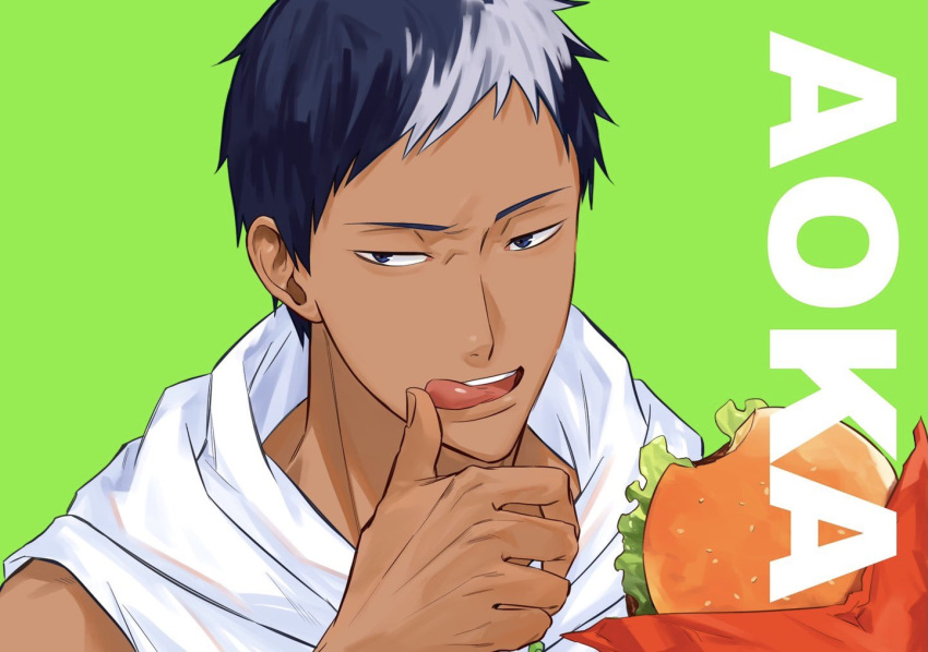 1boy aomine_daiki blue_eyes blue_hair burger dark_blue_hair food food_bite green_background holding holding_food hood hoodie kuroko_no_basuke licking licking_finger looking_at_viewer male_focus mirin_(coene65) napkin portrait simple_background sleeveless solo tan white_hoodie