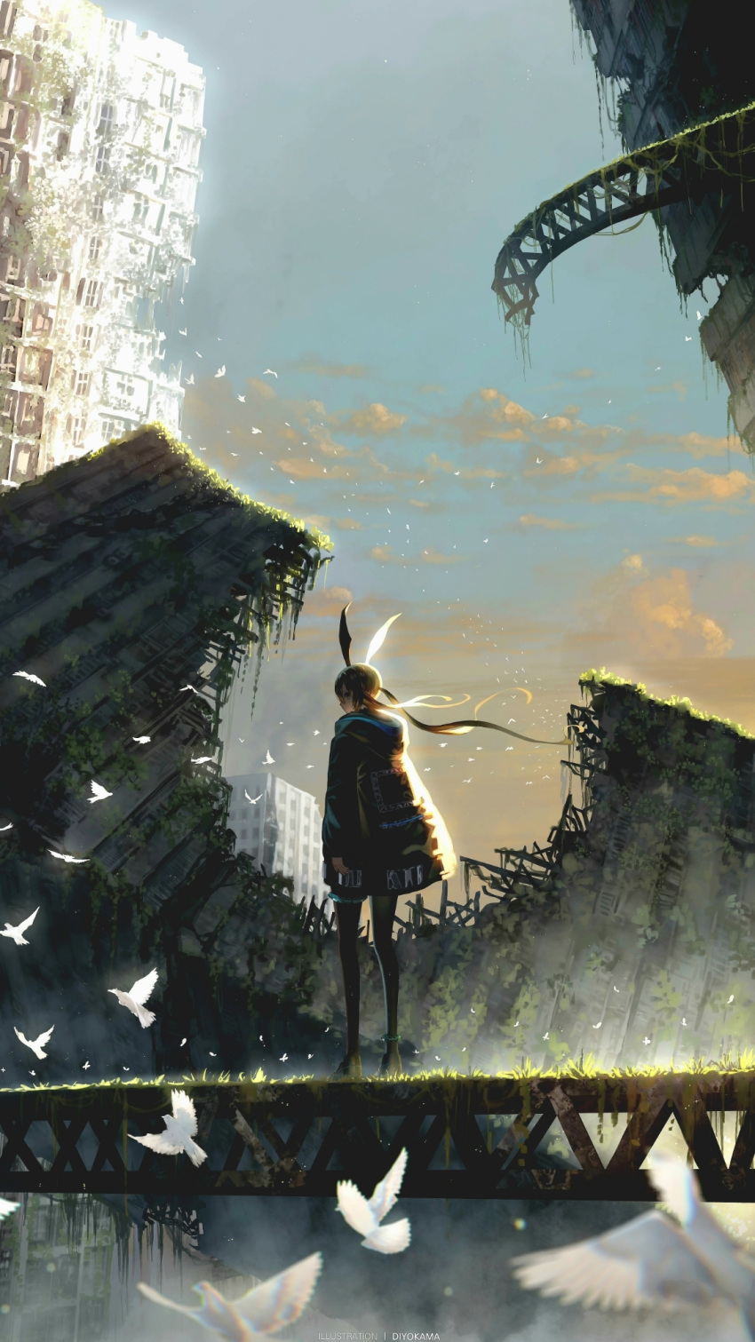 1girl amiya_(arknights) animal_ears ankle_ring arknights artist_name bird black_coat black_pantyhose brown_hair building cloud coat commentary diyokama floating_hair flock highres infection_monitor_(arknights) long_hair long_sleeves looking_back moss outdoors pantyhose plant post-apocalypse rabbit_ears rabbit_girl ruins scenery sky solo standing sunlight thigh_ring wide_shot