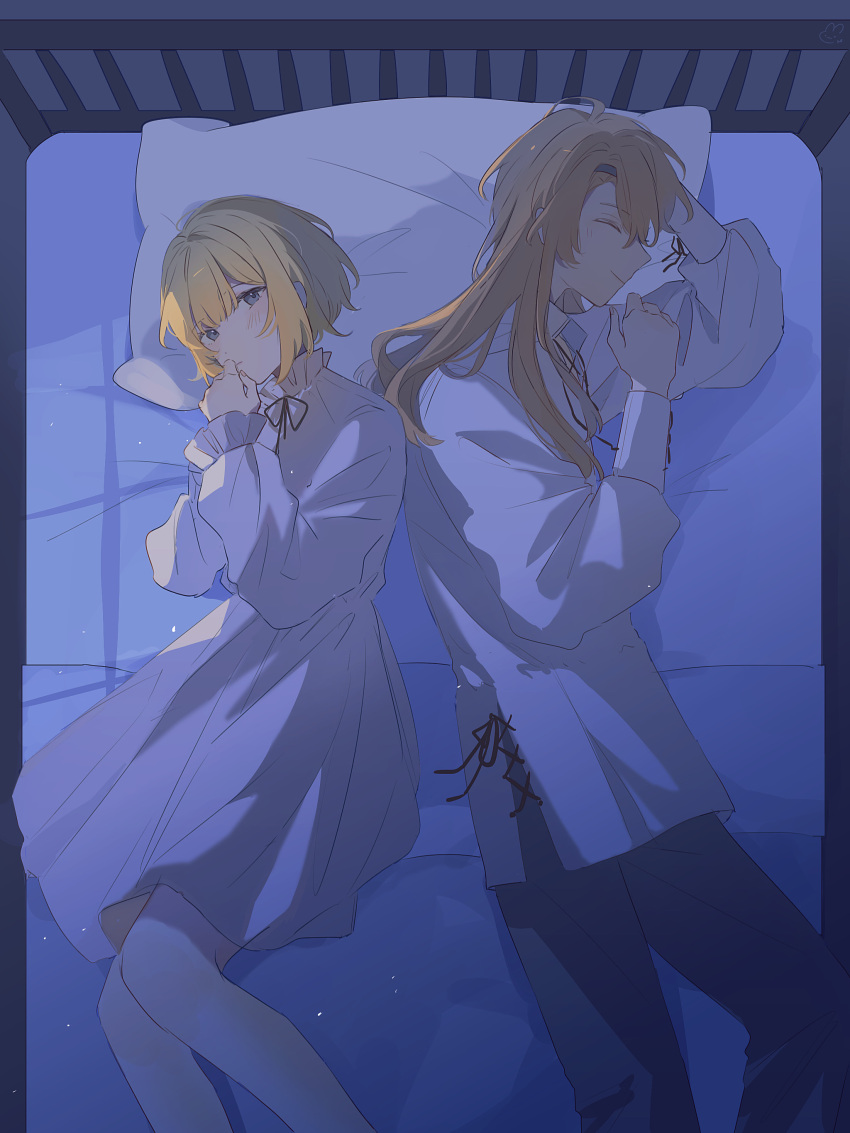 1boy 1girl absurdres bed black_footwear blonde_hair ceres_(shuuen_no_virche) closed_eyes closed_mouth dress eyepatch facing_to_the_side grey_eyes highres leggings light_brown_hair long_sleeves lying on_side pillow shuuen_no_virche smile w047 white_dress white_leggings yves_(shuuen_no_virche)