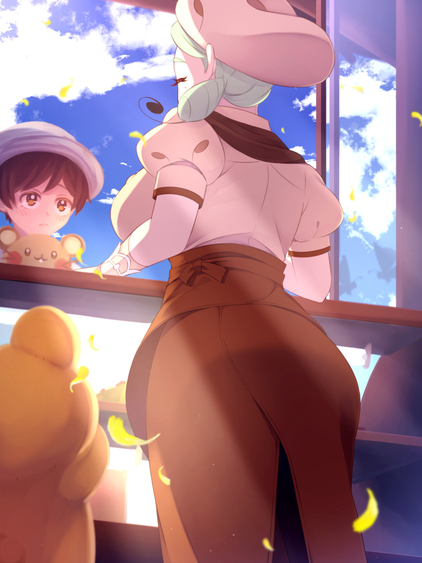 1boy 1girl apron ascot back backboob bear black_pantyhose breasts brown_apron brown_ascot brown_skirt chef_hat closed_eyes commentary_request dedenne florian_(pokemon) gloves hat highres katy_(pokemon) large_breasts light_green_hair low_ponytail mole mole_on_cheek mole_under_eye pantyhose pokemon pokemon_(creature) pokemon_(game) pokemon_sv puffy_short_sleeves puffy_sleeves sakusk_92 short_sleeves side_ponytail sideboob skirt sky teddiursa waist_apron white_gloves wide_hips