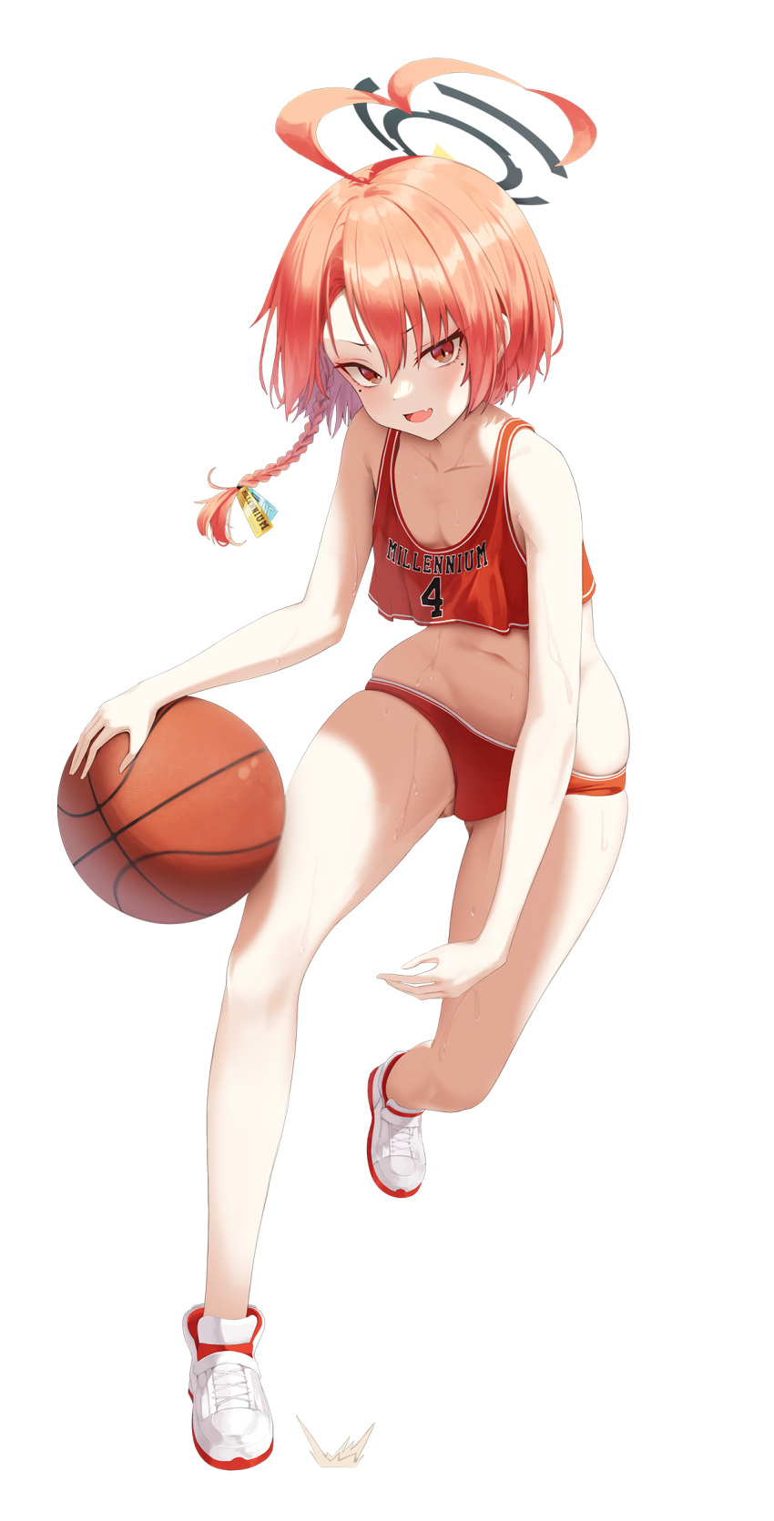 1girl ahoge alternate_costume ass_visible_through_thighs asymmetrical_bangs ball basketball basketball_jersey blue_archive braid breasts collarbone commentary crop_top cross-laced_footwear fang full_body halo highres holding holding_ball huge_ahoge ju-ok looking_at_viewer mole mole_under_eye navel neru_(blue_archive) open_mouth orange_hair red_eyes short_hair side_braid sidelocks simple_background single_braid skin_fang skindentation small_breasts solo sports_panties sweat white_background