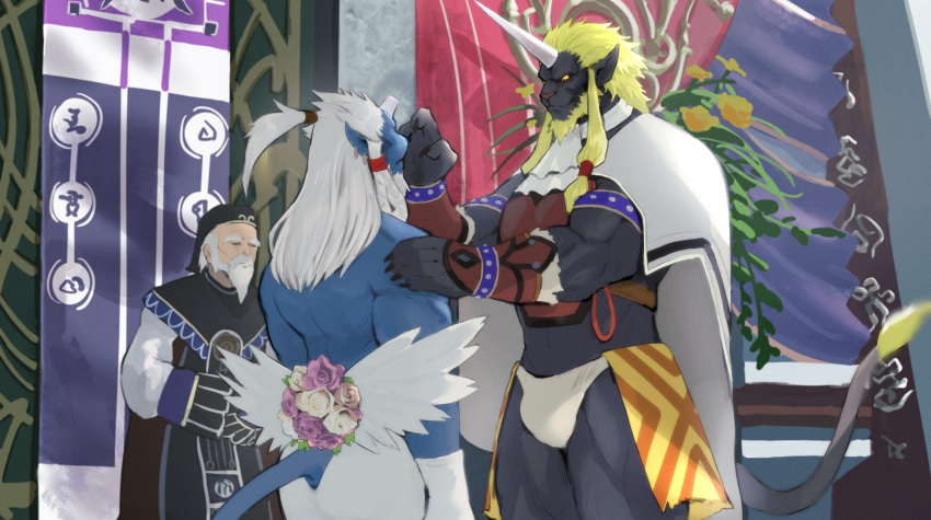 anthro biped blonde_hair blue_body bulge clothed clothing detailed_background dress felid final_fantasy group hair hi_res human k0bit0wani kimahri male mammal ronso square_enix trio wedding wedding_dress white_hair