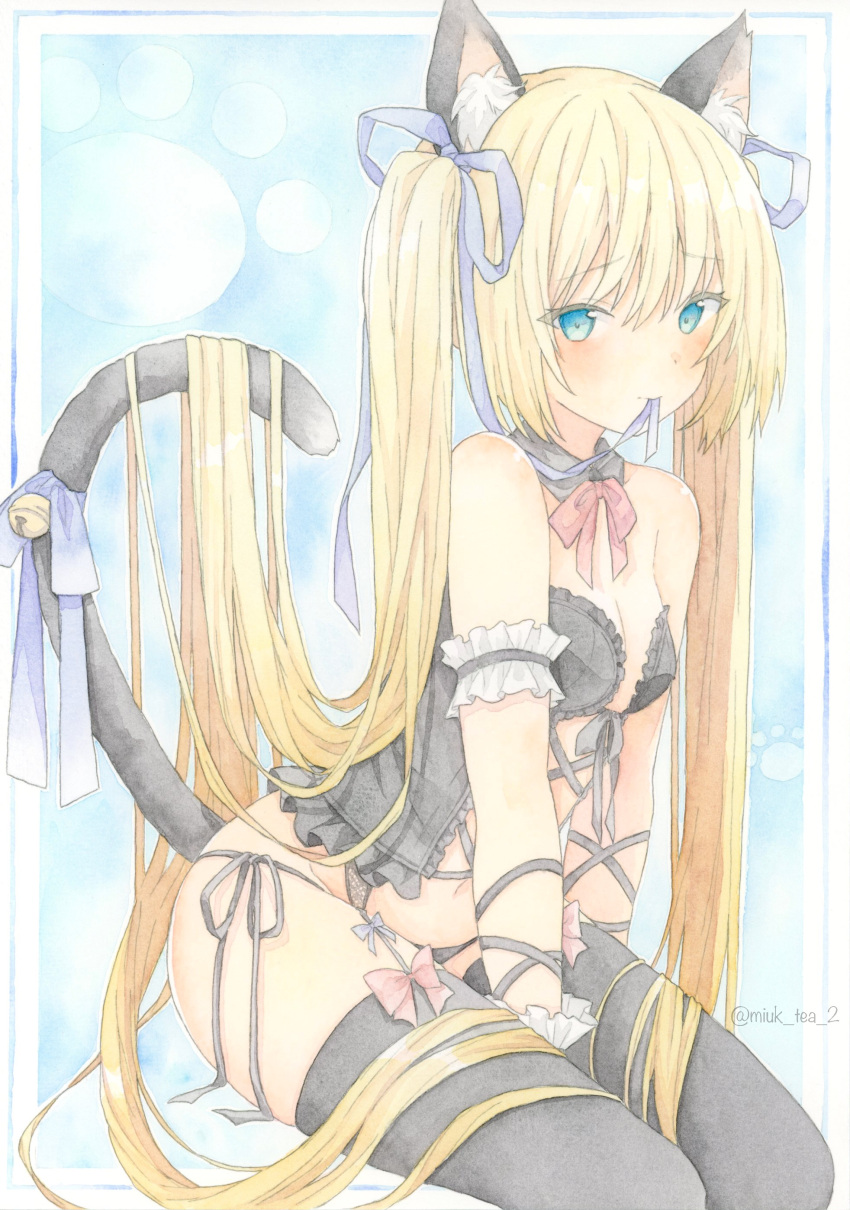 1girl absurdres animal_ear_fluff animal_ears arm_between_legs bare_shoulders bell between_legs black_corset black_garter_belt black_panties black_thighhighs blue_eyes blue_ribbon blush bow breasts cat_ears cat_girl cat_tail cleavage closed_mouth corset detached_collar frills garter_belt hair_between_eyes hair_bow hair_ribbon highres holding invisible_chair lace lingerie long_hair looking_at_viewer midriff mouth_hold navel original painting_(medium) panties raised_eyebrows red_bow ribbon ribbon_in_mouth side-tie_panties sidelocks simple_background sitting small_breasts solo sweet_miuk_tea tail tail_bow tail_ornament tail_raised tail_ribbon thighhighs traditional_media twintails twitter_username underwear very_long_hair watercolor_(medium)