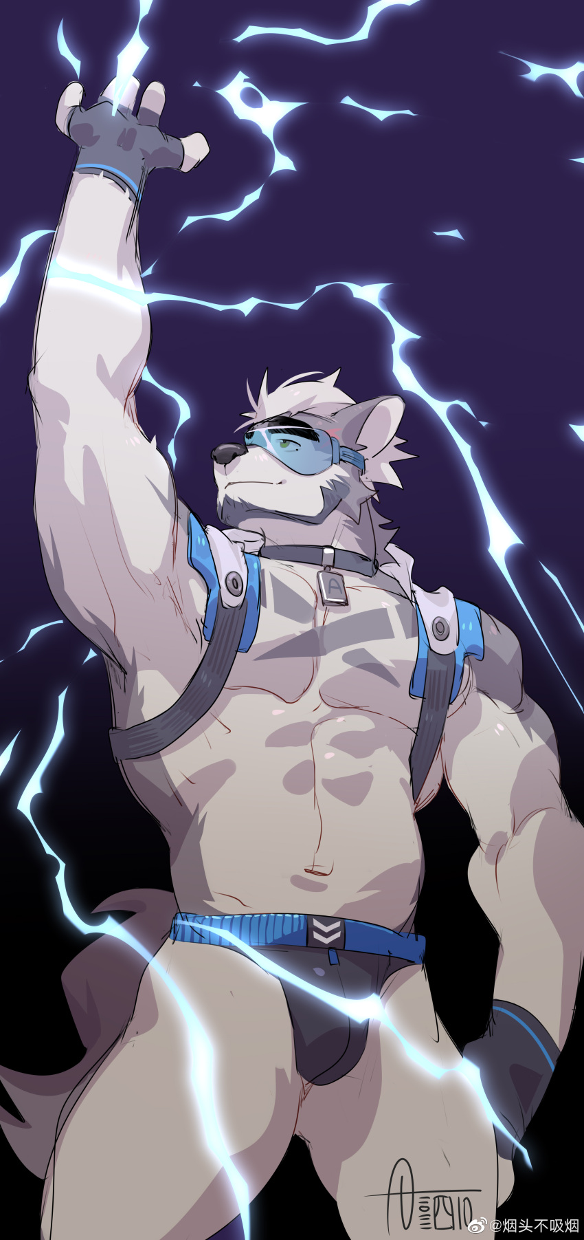 1boy abs absurdres animal_ears arm_up artist_request bara bare_pectorals beard beenic bulge dog_boy dog_ears electricity electrokinesis facial_hair feet_out_of_frame furry furry_male goggles gyee highres huge_eyebrows large_pectorals male_focus mature_male muscular muscular_male nipples original pectorals short_hair solo stomach thick_eyebrows thick_thighs thighs