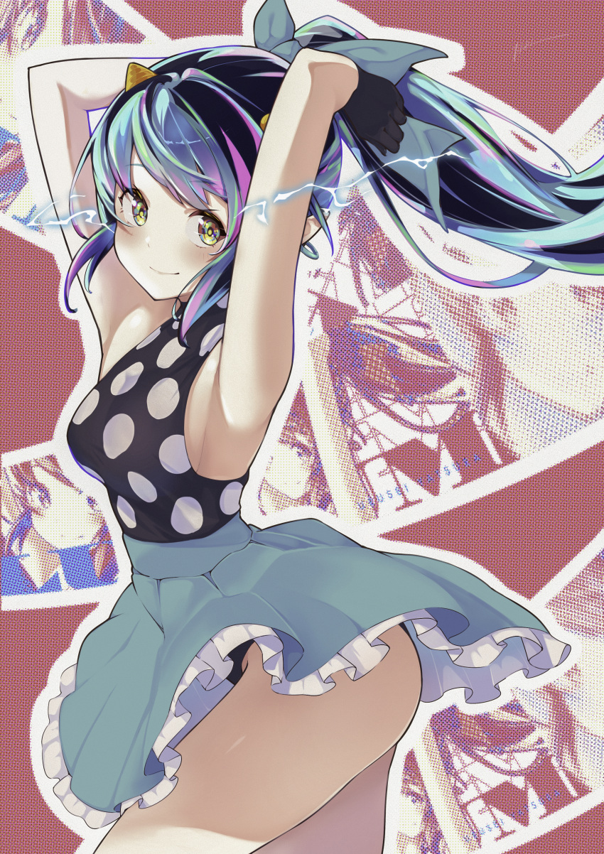 1girl absurdres aqua_bow aqua_hair armpits arms_up black_gloves black_panties blush bow closed_mouth commentary_request copyright_name cowboy_shot electricity floating_hair frilled_skirt frills gloves green_hair green_skirt hair_bow halter_shirt halterneck highres horns itou_kazuki long_hair looking_at_viewer lum multicolored_eyes multicolored_hair oni oni_horns panties pantyshot pink_hair pointy_ears polka_dot polka_dot_shirt ponytail shirt shirt_tucked_in skirt sleeveless sleeveless_shirt smile solo thighs underwear urusei_yatsura yellow_horns
