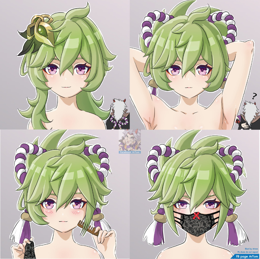 1boy 1girl ? arataki_itto armpits arms_up artom blush collei_(genshin_impact) comb commentary cosplay genshin_impact green_hair grey_background grey_hair hair_ornament highres holding holding_comb horns kuki_shinobu kuki_shinobu_(cosplay) long_hair looking_at_viewer mask mouth_mask nude ponytail portrait purple_eyes simple_background smile