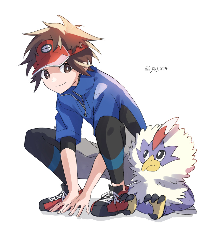 1boy absurdres artist_name bird black_bodysuit blue_jacket bodysuit bodysuit_under_clothes bright_pupils brown_eyes brown_hair closed_mouth grey_shorts highres jacket jayj_824 male_focus nate_(pokemon) own_hands_together pokemon pokemon_(creature) pokemon_(game) pokemon_bw2 red_headwear rufflet shoes short_hair short_sleeves shorts simple_background smile sneakers squatting twitter_username visor_cap white_background white_pupils zipper_pull_tab