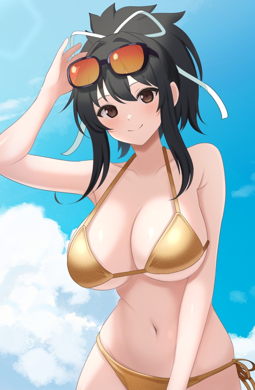 1girl adjusting_eyewear arm_up armpit_crease asuka_(blue_oceans)_(senran_kagura) asuka_(senran_kagura) azur_lane bare_arms bare_shoulders bikini black-framed_eyewear black_hair blue_sky blush breasts brown_eyes cleavage closed_mouth cloud collarbone commentary_request cowboy_shot day eyewear_on_head gold_bikini hair_between_eyes hair_ribbon halterneck high_ponytail highres large_breasts looking_at_viewer medium_hair navel official_alternate_costume orange-tinted_eyewear outdoors ponytail ribbon senran_kagura side-tie_bikini_bottom sidelocks sky smile solo standing stomach sunglasses surippa1010 swimsuit tinted_eyewear white_ribbon