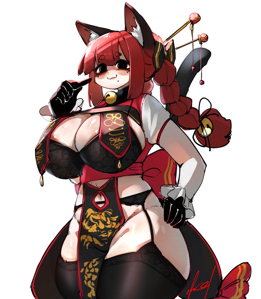 :3 absurd_res animal_humanoid areola areola_slip big_breasts black_eyes braided_hair breasts cat_humanoid cleavage clothed clothing crr001 felid felid_humanoid feline feline_humanoid female garter_belt garter_straps gloves hair handwear hi_res huge_breasts humanoid inner_ear_fluff legwear mammal mammal_humanoid midriff navel pelvic_curtain red_hair rin_kaenbyou sidelocks signature smile solo tail thigh_highs touhou tuft