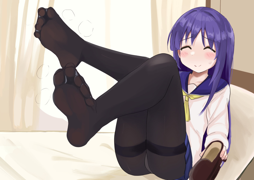 1girl absurdres bed bed_sheet black_pantyhose blush closed_eyes curtains feet feet_up foot_focus full_body highres hinata_yukari indoors knees_up leaning_back legs long_hair lts_kakuyo no_shoes on_bed panties pantyhose pillow purple_hair school_uniform shoes shoes_removed sitting smell smile soles solo steaming_body sweatdrop thighband_pantyhose thighs toes underwear white_panties yuyushiki