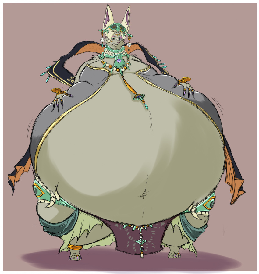 2023 anthro belly big_belly bottomwear claws clothed clothing collar ears_up female fur half-closed_eyes hand_on_stomach headgear hectorthewolf hi_res humanoid hyper hyper_belly jewelry loincloth mineru morbidly_obese morbidly_obese_anthro morbidly_obese_female narrowed_eyes navel necklace nintendo obese obese_anthro obese_female overweight overweight_anthro overweight_female shadow solo standing tears_of_the_kingdom the_legend_of_zelda toe_claws topwear zonai