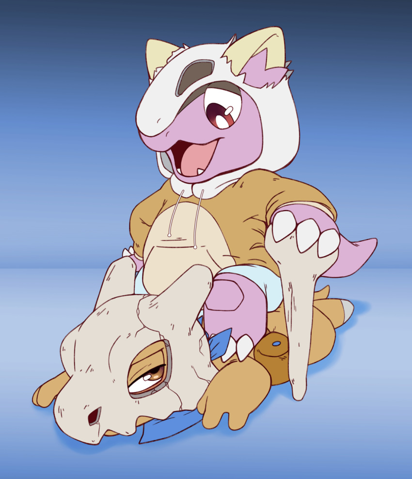 bone bullying clothed clothing cubone duo generation_1_pokemon hi_res hoodie jesse_khan mega_evolution mega_kangaskhan nintendo open_mouth pokemon pokemon_(species) sitting sitting_on_another starampharos topwear