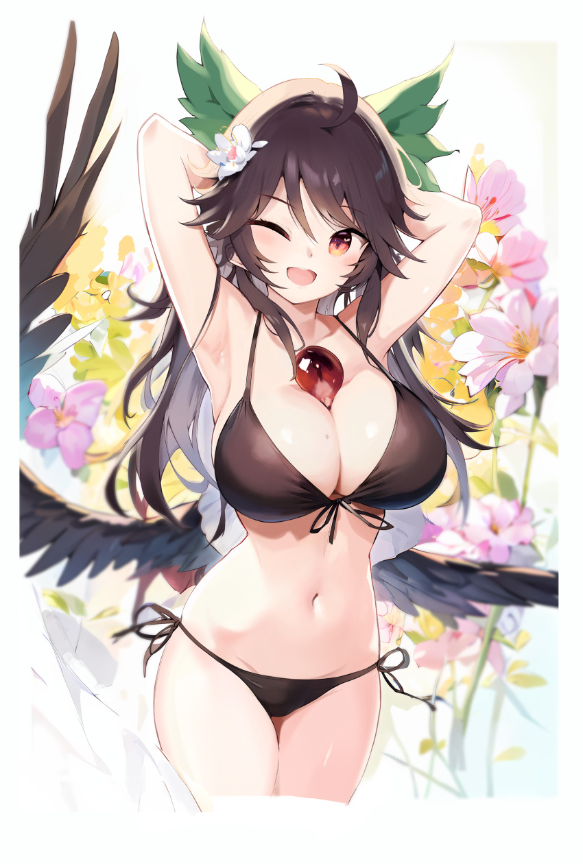 1girl ;d absurdres armpits arms_behind_head bikini bird_wings black_bikini black_wings bow breasts brown_hair cleavage cowboy_shot cropped_legs flower front-tie_bikini_top front-tie_top green_bow groin hair_bow hair_flower hair_ornament highres large_breasts long_hair looking_to_the_side navel one_eye_closed open_mouth red_eyes reiuji_utsuho side-tie_bikini_bottom smile solo swimsuit tetsurou_(fe+) thighs third_eye third_eye_on_chest touhou wings