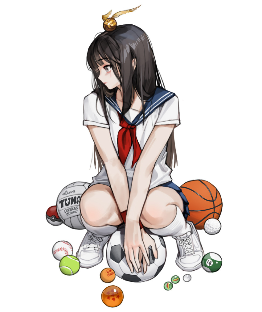 1girl ball baseball_(object) basketball_(object) billiard_ball black_eyes black_hair blue_sailor_collar blue_skirt dragon_ball_(object) expressionless full_body golden_snitch golf_ball highres long_hair marble_(toy) neckerchief object_on_head original pleated_skirt poke_ball poke_ball_(basic) profile red_neckerchief rinotuna sailor_collar shirt shoes short_sleeves simple_background skirt soccer_ball socks solo squatting tennis_ball volleyball_(object) white_background white_footwear white_shirt white_socks