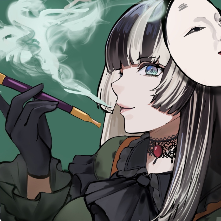 1girl black_gloves black_hair blue_eyes choker gloves green_background grey_hair highres hololive juufuutei_raden kiseru lace lace_choker leo_(f_mmmnkm_paint) long_hair mask mask_on_head multicolored_hair noh_mask smoke smoking smoking_pipe two-tone_hair virtual_youtuber