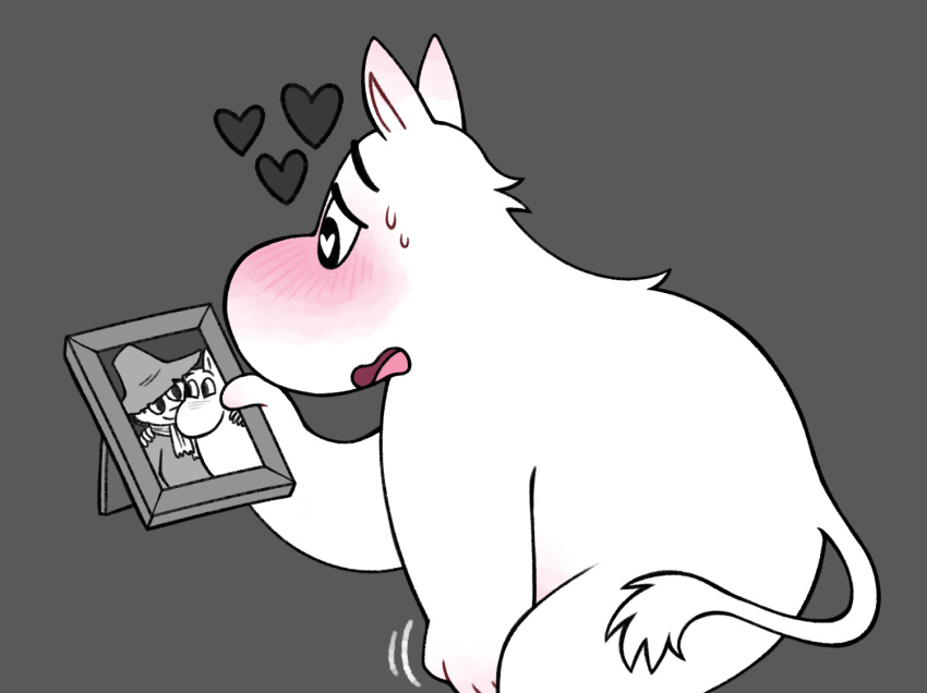 &lt;3 &lt;3_eyes anthro back_tuft biped blush blush_lines bodily_fluids eyebrows grey_background holding_object human itsamehornio male mammal masturbation moomin moomintroll motion_lines neck_tuft open_mouth penile penile_masturbation picture_frame prick_ears semi-anthro simple_background snufkin solo sweat sweatdrop sweaty_face tail tail_tuft the_moomins tongue troll tuft