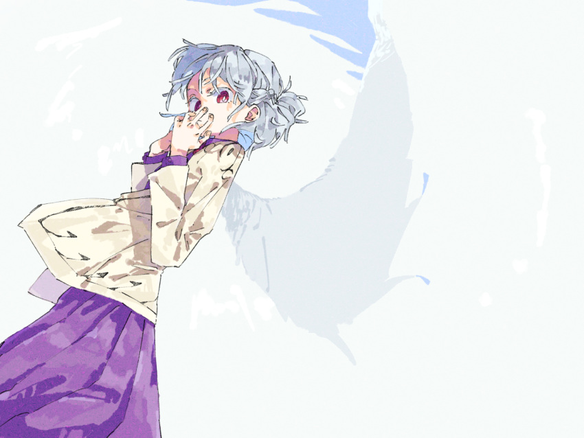 1girl brown_jacket closed_mouth covering_mouth dress grey_background grey_hair grey_wings jacket kishin_sagume long_sleeves looking_at_viewer nama_udon purple_dress red_eyes short_hair simple_background single_wing solo touhou wings