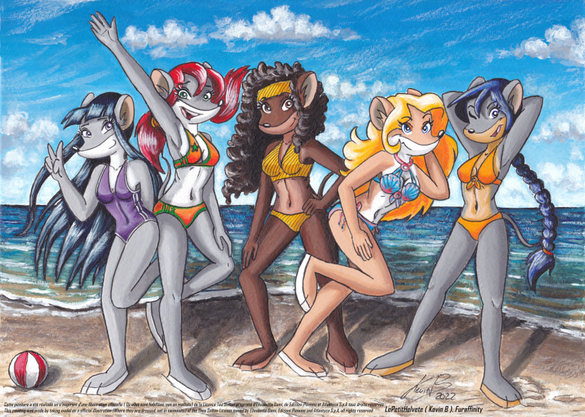 acrylic_painting_(artwork) ball balloon barefoot beach beach_ball bikini blonde_hair blue_bikini blue_clothing blue_eyes blue_hair blue_sky blue_swimwear braided_hair brown_body brown_fur brown_hair clothing cloud colette_(thea_sisters) detailed_background feet female fur geronimo_stilton_(series) green_eyes grey_body grey_fur group hair hi_res inflatable landscape_background leptitsuisse1912_(lepetithelvete) mammal mouse mouse_tail murid murine nicky_(thea_sisters) one-piece_swimsuit orange_bikini orange_clothing orange_swimwear painting_(artwork) pamela_(thea_sisters) paulina_(thea_sisters) pigtails purple_clothing purple_eyes purple_swimwear rat red_hair rodent scape sea seaside sky swimwear tan_body tan_fur thea_sisters thea_stilton_(series) traditional_media_(artwork) violet_(thea_sisters) water white_body white_fur yellow_bikini yellow_clothing yellow_swimwear