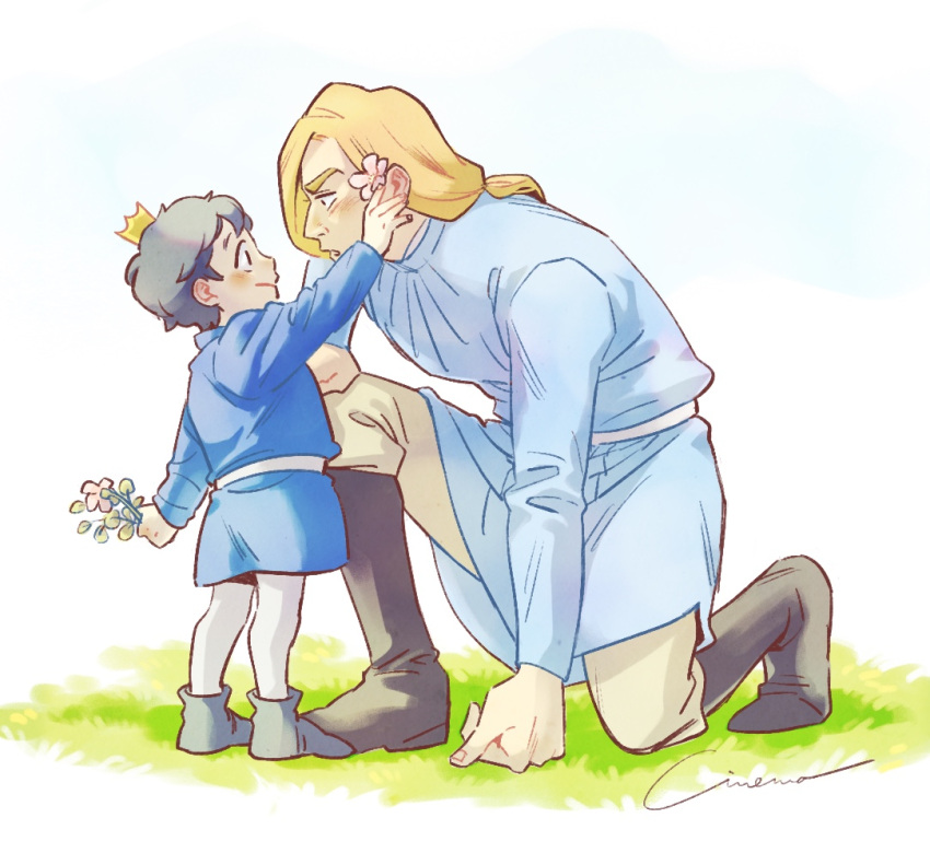 2boys arm_up black_eyes black_footwear black_hair blonde_hair blue_shirt blue_tunic blush bojji boots child closed_mouth commentary_request crown domas flower grey_footwear holding holding_flower kneeling long_hair long_sleeves looking_at_another loveless516 low-tied_long_hair male_child male_focus mini_crown multiple_boys on_one_knee open_mouth ousama_ranking pants pink_flower profile sash shirt short_hair simple_background smile standing surprised tunic white_background white_pants white_sash