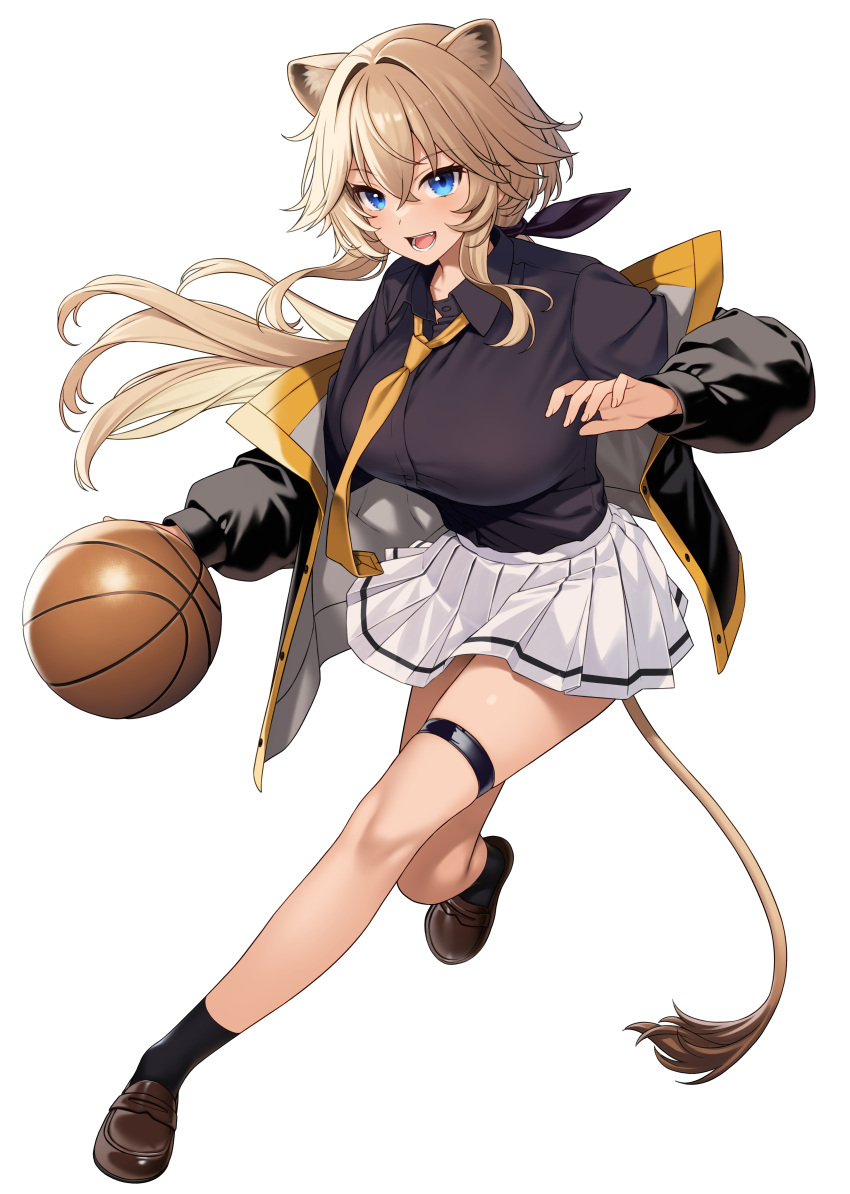 1girl absurdres animal_ears basketball black_jacket black_shirt black_socks blue_eyes breasts brown_footwear brown_hair collared_shirt commentary_request crossed_bangs hair_between_eyes highres jacket large_breasts loafers long_hair looking_at_viewer miniskirt necktie open_clothes open_jacket open_mouth orange_necktie original pleated_skirt puffy_sleeves shirt shirt_tucked_in shoes sidelocks simple_background skirt socks solo tail takunomi thigh_strap white_background white_skirt