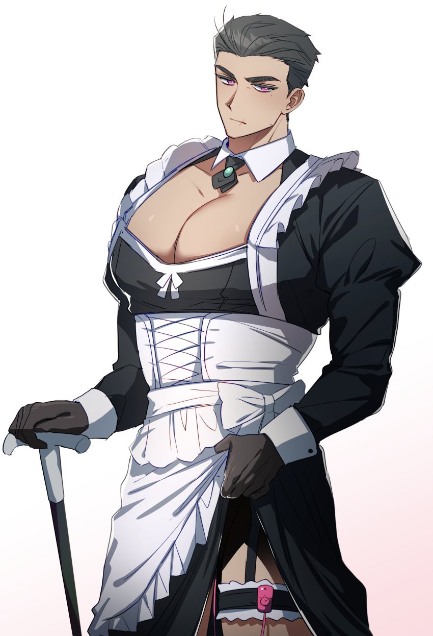 1boy absurdres apron bara black_dress cane clothes_lift dress expressionless frilled_apron frills gonggye_hs grey_hair highres holding holding_cane huge_pectorals lifted_by_self looking_at_viewer maid maid_apron male_focus muscular muscular_male original pectoral_cleavage pectorals scar scar_on_face scar_on_mouth short_hair sideburns skirt skirt_lift solo thick_eyebrows vibrator_in_thigh_strap white_apron wrist_cuffs