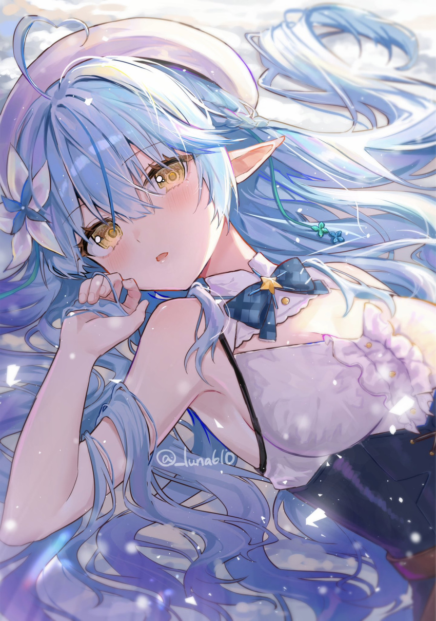 1girl ahoge bare_shoulders beret blue_bow blue_bowtie blue_hair blush bow bowtie breasts cleavage cleavage_cutout clothing_cutout flower frills hair_between_eyes hair_flower hair_ornament hat heart heart_ahoge highres hololive large_breasts long_hair looking_at_viewer luna_(luna610) lying multicolored_hair on_back open_mouth parted_lips pointy_ears shirt sleeveless solo streaked_hair twitter_username upper_body very_long_hair virtual_youtuber white_flower white_headwear yellow_eyes yukihana_lamy yukihana_lamy_(1st_costume)