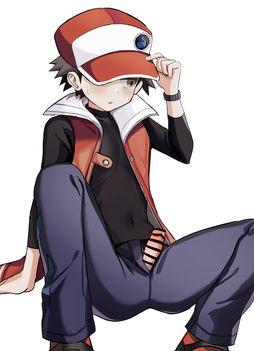 1boy absurdres bar_censor baseball_cap black_hair black_shirt blue_pants blush brown_eyes censored coat erection hand_on_headwear hat highres kayupon looking_to_the_side male_focus open_clothes open_coat pants parted_lips penis penis_out pokemon red_(pokemon) shirt shoes simple_background sleeveless_coat solo spread_legs sweat white_background