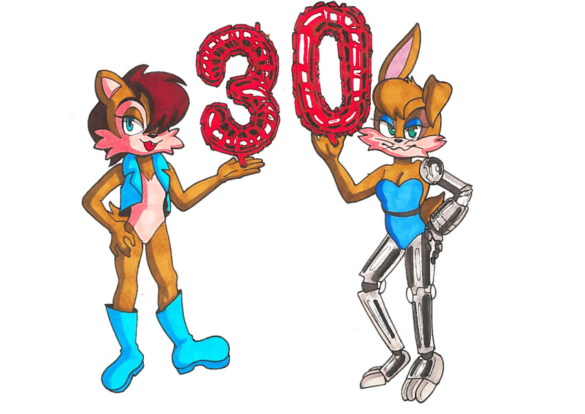 animal_humanoid anniversary archie_comics autenticovadito balloon blue_eyes boots brown_body bunnie_rabbot clothing duo female female/female footwear green_eyes hi_res humanoid inflatable lagomorph leporid long_ears machine mammal mammal_humanoid marker_(artwork) rabbit robot robot_humanoid robotic_arm robotic_leg rodent rodent_humanoid sally_acorn sciurid sciurid_humanoid sega simple_background smile sonic_the_hedgehog_(archie) sonic_the_hedgehog_(comics) sonic_the_hedgehog_(series) toony topwear traditional_media_(artwork) tree_squirrel_humanoid vest white_background white_chest