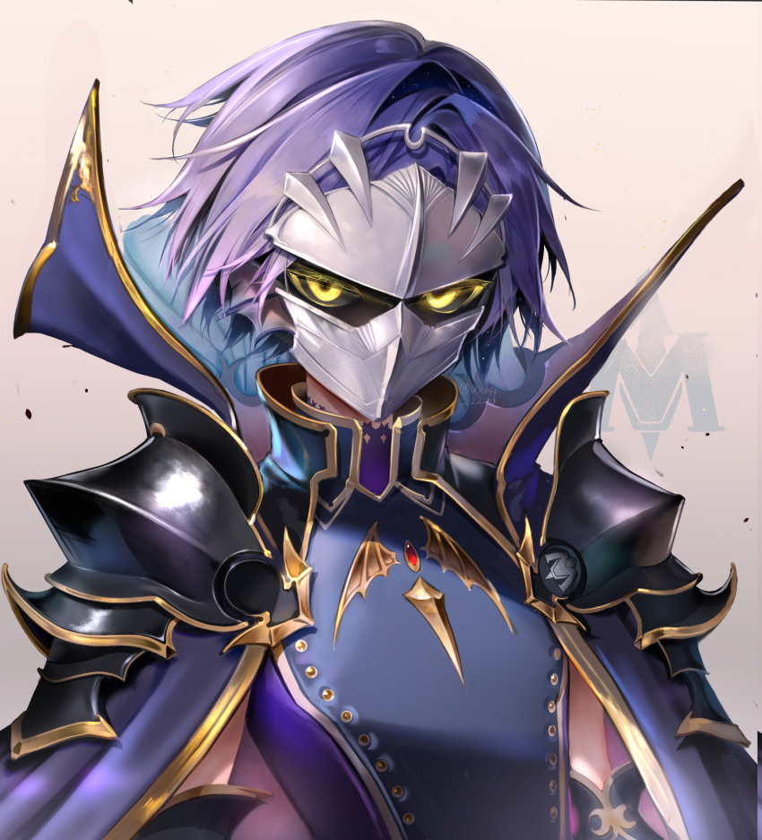 1boy armor blue_armor blue_cape blue_hair cape gold_trim highres kirby_(series) looking_at_viewer mask meta_knight mi_(mm) personification shoulder_armor solo upper_body wing_ears yellow_eyes