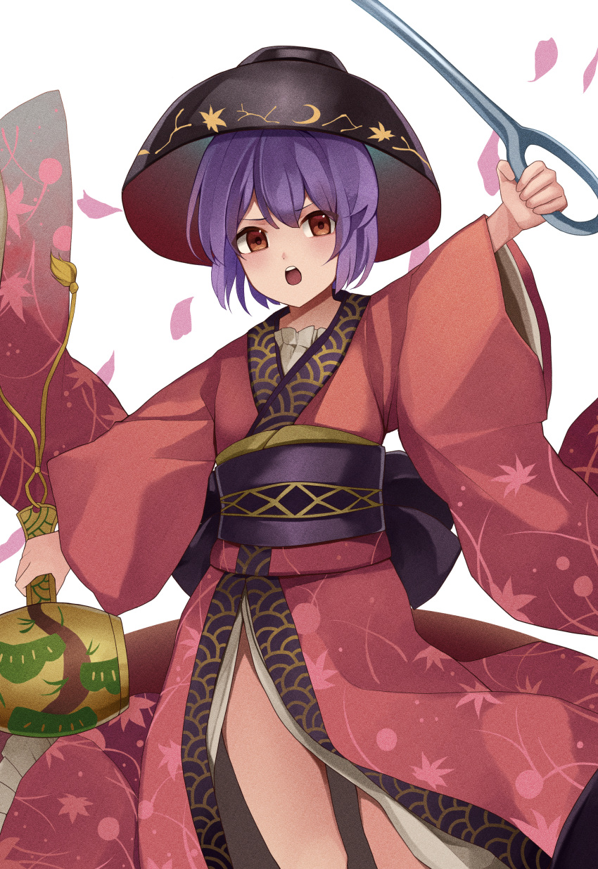 1girl absurdres black_headwear blush bowl bowl_hat brown_eyes hat highres holding holding_needle japanese_clothes kimono koizumo long_sleeves miracle_mallet needle needle_sword obi open_mouth pink_kimono purple_hair sash short_hair solo sukuna_shinmyoumaru touhou wide_sleeves