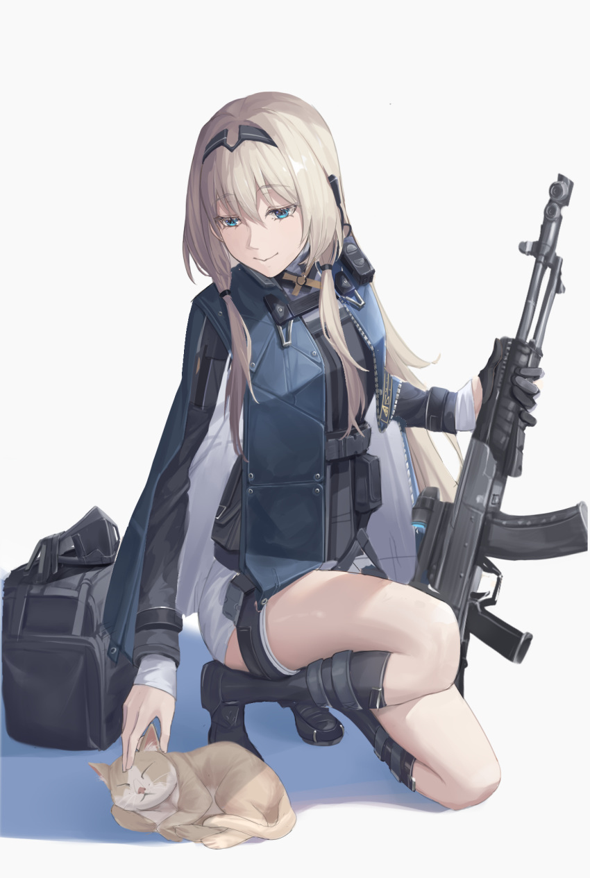 1girl an-94 an-94_(girls'_frontline) assault_rifle bag blonde_hair blue_eyes boots cat commentary_request full_body girls'_frontline gloves gun hair_between_eyes hairband highres holding holding_gun holding_weapon jacket looking_down mod3_(girls'_frontline) one_knee petting rifle senkou_(dwrp3257) simple_background single_glove smile solo weapon