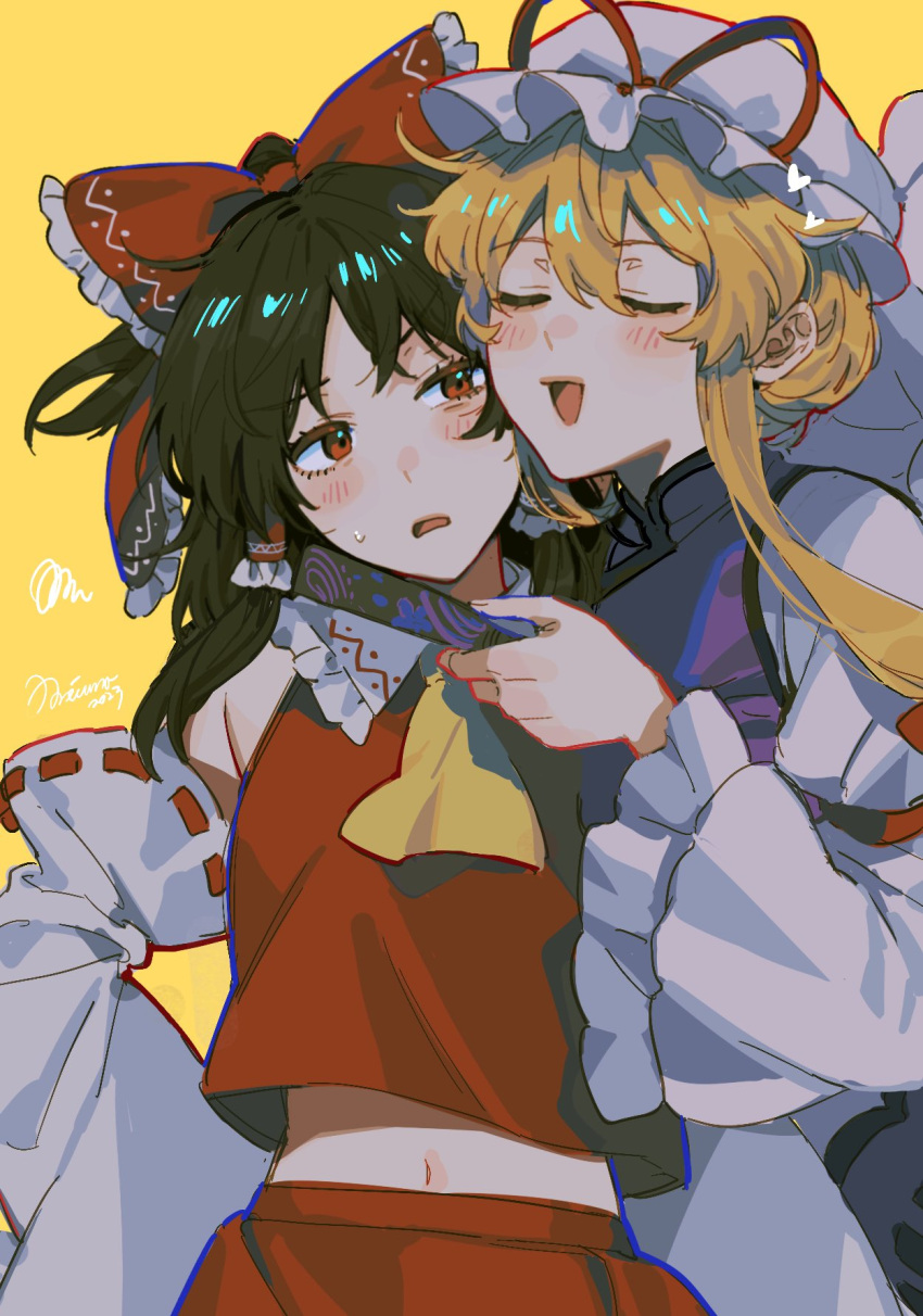 2girls :d ascot blonde_hair blush bow brown_eyes detached_sleeves frilled_bow frills hair_bow hair_tubes hakurei_reimu hat hat_ribbon highres mob_cap multiple_girls navel noriuma open_mouth red_bow ribbon ribbon-trimmed_sleeves ribbon_trim sidelocks smile tabard touhou white_headwear yakumo_yukari yellow_background yuri