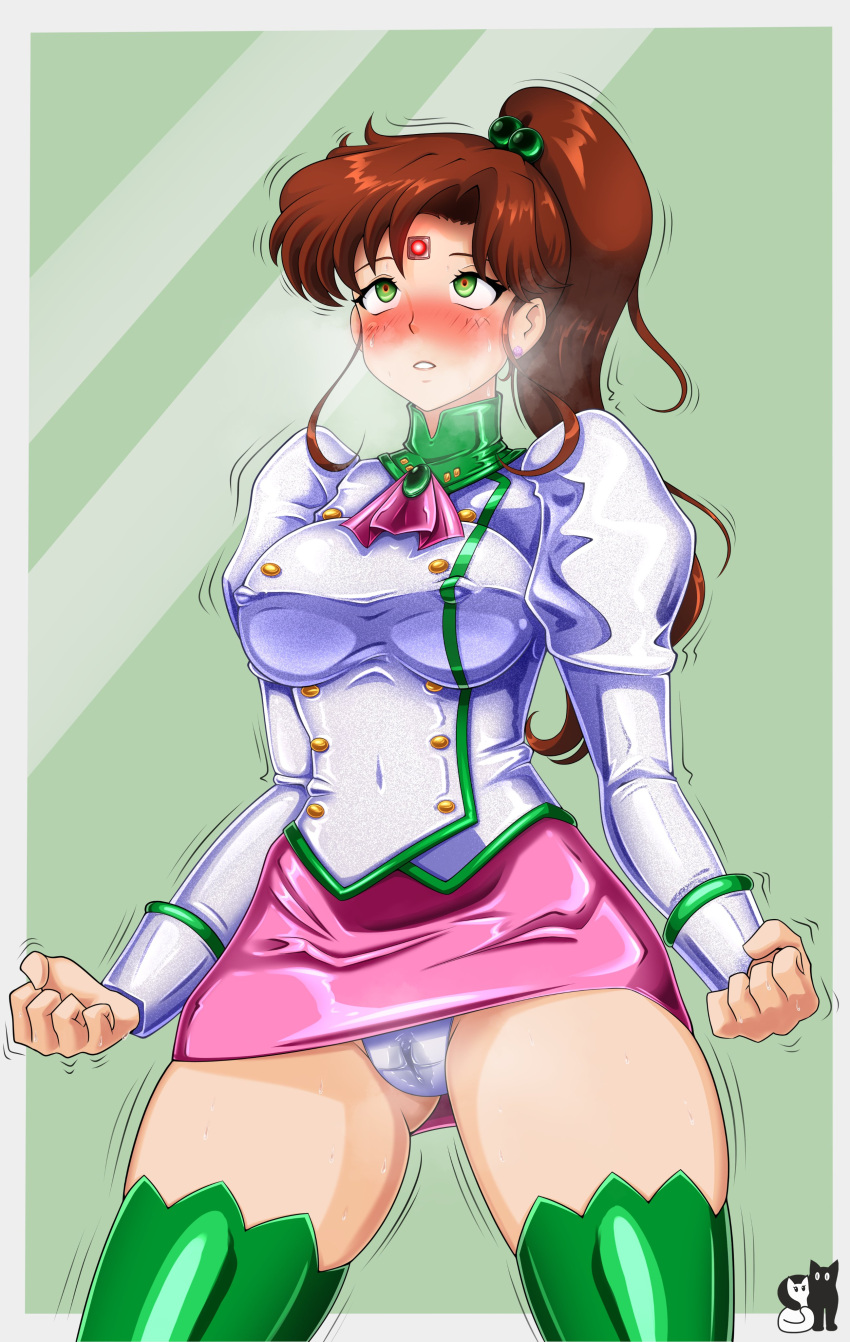 1girl absurdres agent_aika aika_(series) ascot ass_visible_through_thighs bishoujo_senshi_sailor_moon black_ascot blank_eyes breasts brown_hair buttons cameltoe collar commentary cosplay crotch_seam delmogeny_uniform double-breasted earrings flower_earrings green_collar green_eyes green_footwear highres jacket jewelry juliet_sleeves kino_makoto legs long_hair long_sleeves looking_up medium_hair panties pantyshot pencil_skirt pink_ascot pink_skirt ponytail puffy_sleeves rosvo sailor_jupiter skirt solo taut_clothes underwear uniform white_delmo white_jacket