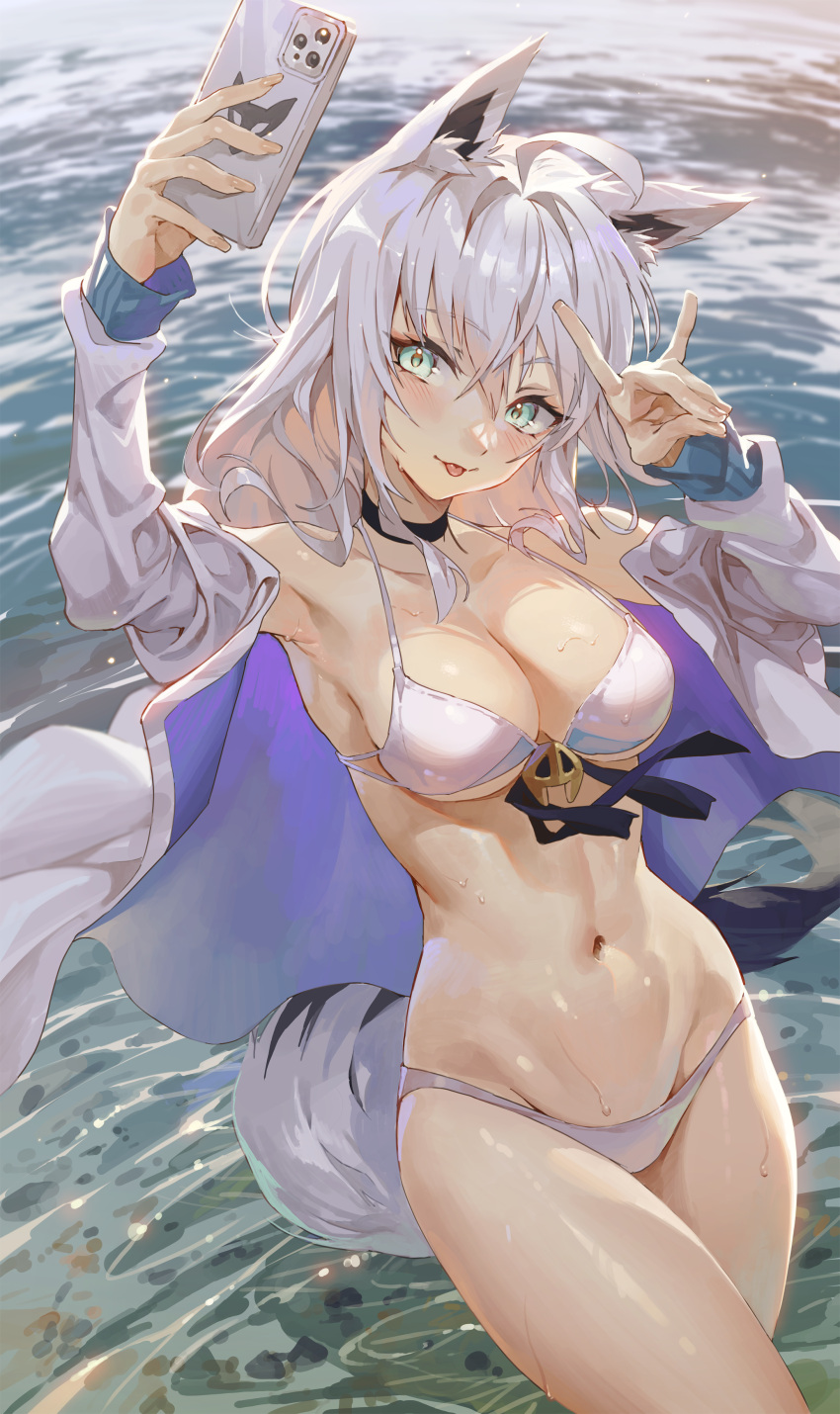 1girl absurdres ahoge animal_ear_fluff animal_ears arm_up armpits bare_shoulders bikini black_choker blue_eyes breasts choker cleavage closed_mouth fox_ears fox_girl fox_shadow_puppet fox_tail front-tie_bikini_top front-tie_top halterneck hand_up highres holding holding_phone hololive hxxg jacket large_breasts long_sleeves navel off_shoulder open_clothes open_jacket phone selfie shirakami_fubuki smile solo standing stomach string_bikini swimsuit tail thighs tongue tongue_out virtual_youtuber wading water wet white_bikini white_hair white_jacket