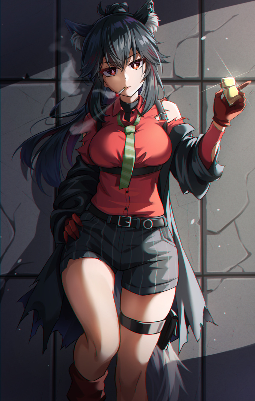 1girl against_wall animal_ears arknights black_hair black_jacket black_shorts breasts bright_pupils gloves green_necktie highres holding holding_lighter holiday_(pangjelly) jacket large_breasts leg_up lighter long_hair long_sleeves looking_at_viewer necktie open_clothes open_jacket ponytail red_eyes red_gloves red_shirt shirt shorts sidelocks smoke smoking solo standing standing_on_one_leg striped_necktie tail texas_(arknights) texas_(willpower)_(arknights) thigh_strap torn_clothes torn_shirt underbust v-shaped_eyebrows wolf_ears wolf_girl wolf_tail