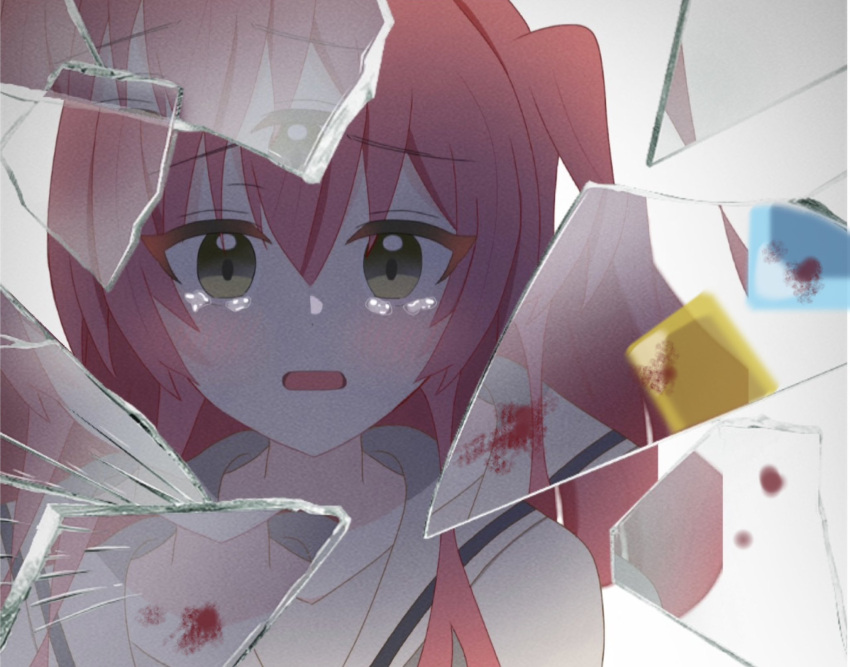 1girl app_filter blood blood_on_clothes blood_on_glass bocchi_the_rock! broken_glass cube_hair_ornament glass glass_shards green_eyes hair_ornament highres kita_ikuyo koma_rkgknote looking_at_viewer open_mouth red_hair reflection school_uniform shuka_high_school_uniform tearing_up tears