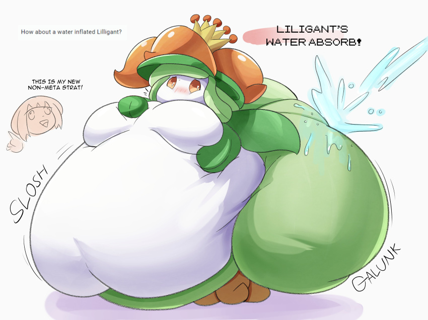 absurd_res anthro belly big_belly big_breasts big_butt blush breasts butt dialogue duo elemental_creature female flora_fauna flower gameplay_mechanics generation_5_pokemon green_body hi_res huge_breasts huge_butt huge_thighs human hyper hyper_belly hyper_butt hyper_thighs inflation lilligant liquid_inflation mammal morbidly_obese morbidly_obese_anthro morbidly_obese_female motion_lines multicolored_body nintendo obese obese_anthro obese_female orange_eyes overweight overweight_anthro overweight_female plant pokemon pokemon_(species) sound_effects text thick_thighs veryfilthything water water_inflation weight_gain white_body