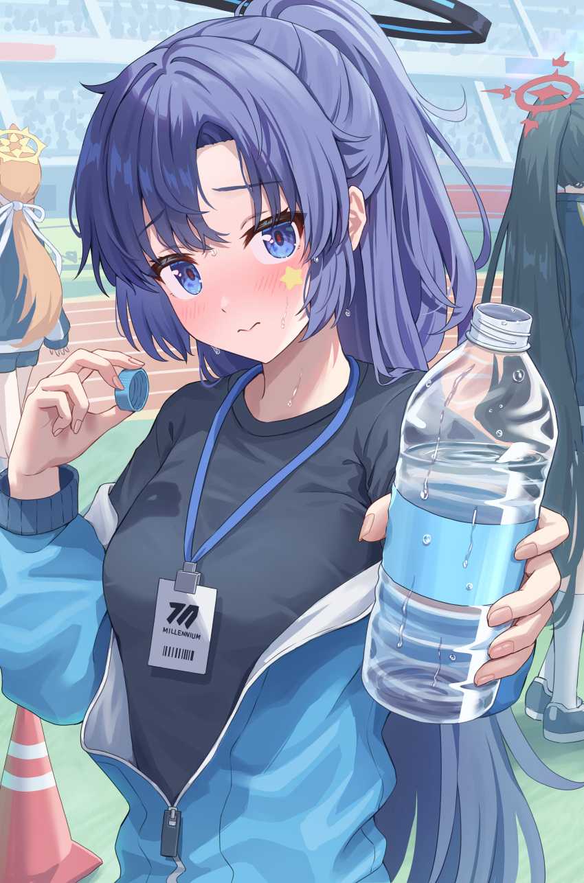 3girls absurdres black_hair black_shirt blue_archive blue_jacket blush bottle breasts closed_mouth facial_mark halo hasumi_(blue_archive) hasumi_(track)_(blue_archive) highres holding holding_bottle id_card jacket lanyard large_breasts long_hair looking_at_viewer mari_(blue_archive) mari_(track)_(blue_archive) multiple_girls official_alternate_costume orange_hair partially_unzipped ponytail purple_eyes purple_hair red_halo shirt simoumi_217 star_(symbol) track_jacket water_bottle yellow_halo yuuka_(blue_archive) yuuka_(track)_(blue_archive)