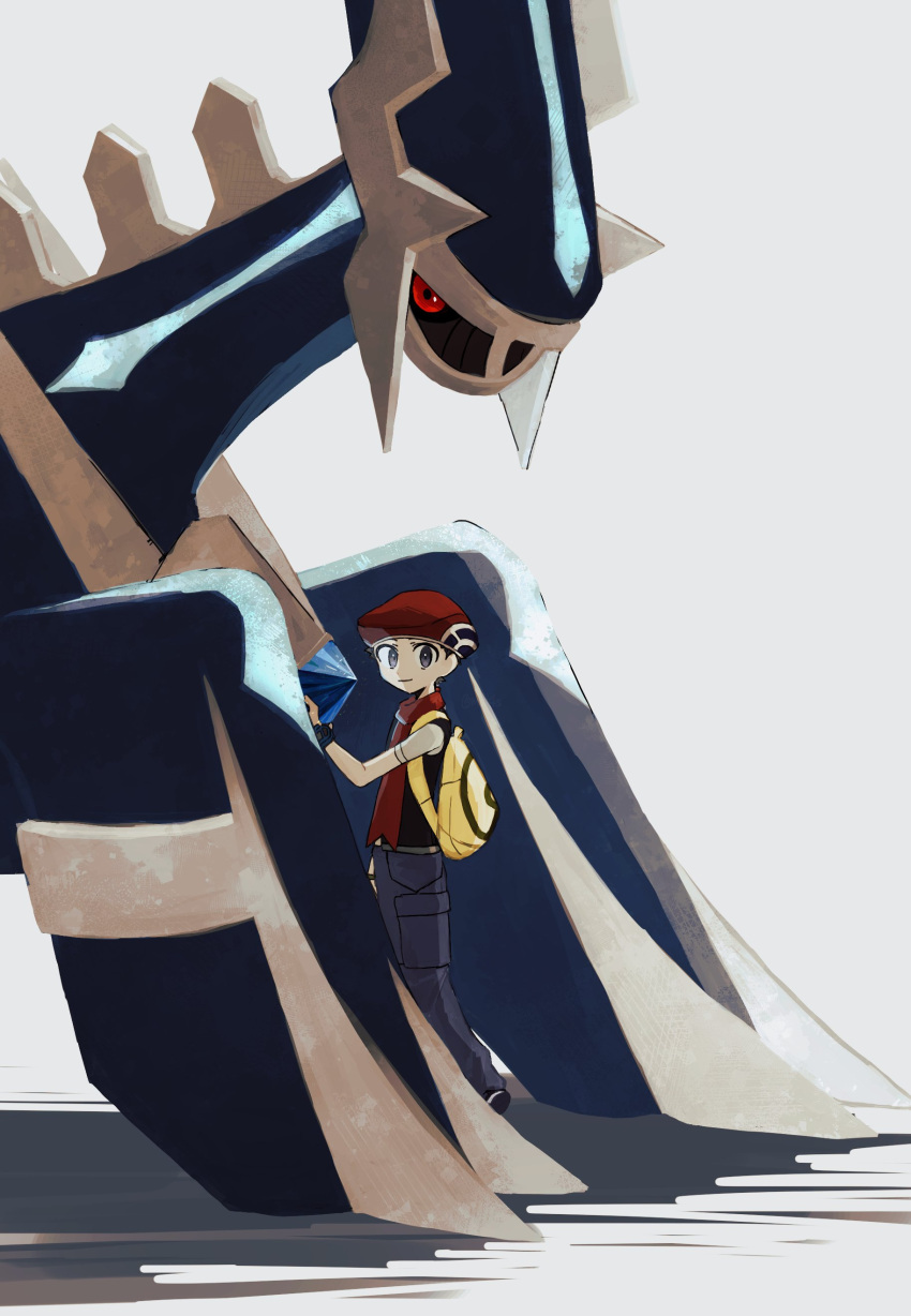 1boy absurdres backpack bag blue_eyes commentary_request dialga hat highres looking_at_viewer lucas_(pokemon) male_focus mio14s pokemon pokemon_(creature) pokemon_(game) pokemon_dppt red_eyes simple_background smile